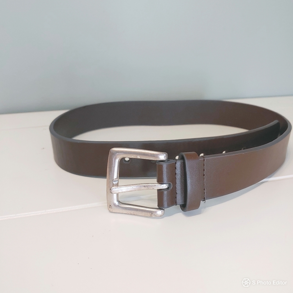 Express women brown leather jean belt silver tone buckle size small 37" Y2K